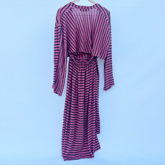 Free People Yacht Club Midi Dress Striped Long Sleeve Cut Out Red Black Medium - Picture 8 of 9